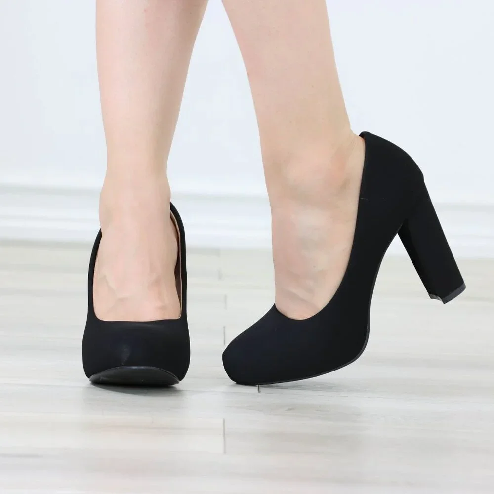 Black Block Heel Pumps Closed Toe Slip On High Heel Classic Style - Picture 7 of 12